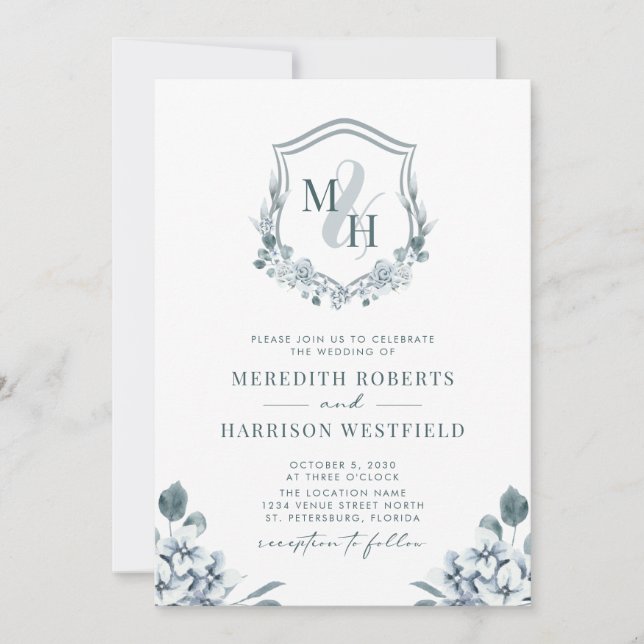 Monogram Crest QR Code Dusty Blue Floral Wedding Invitation (Front)
