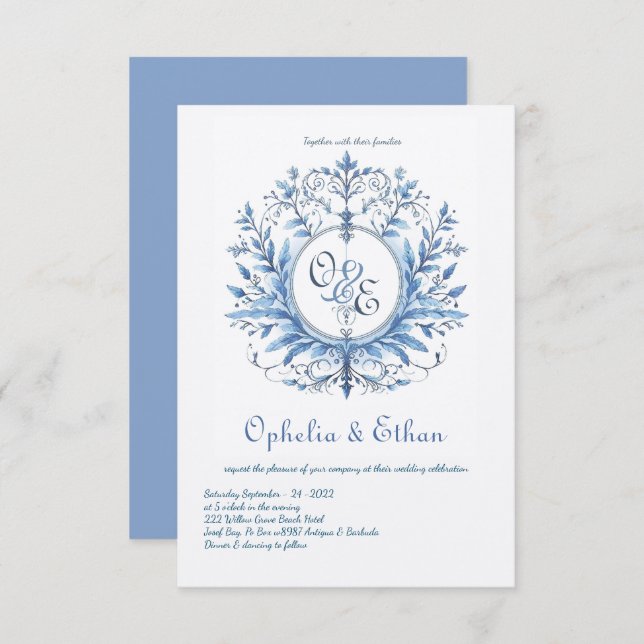 Monogram Crest Rococo Blue wedding Invitation (Front/Back)