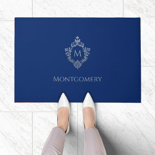 Monogram Crest Royal Blue Faux Silver Ornate Name  Doormat