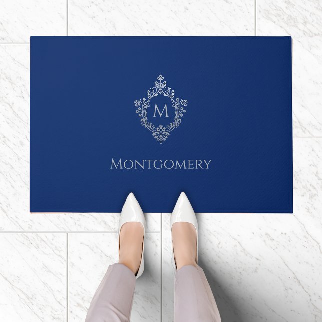 Monogram Crest Royal Blue Faux Silver Ornate Name  Doormat (Creator Uploaded)