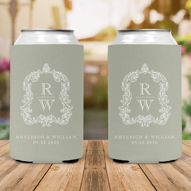 Monogram Crest Sage Green Wedding Can Cooler (Creator Uploaded)