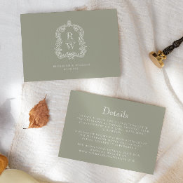 Monogram Crest Sage Green Wedding Details Enclosure Card