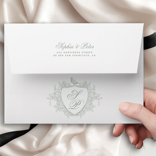 Monogram crest sage green wedding envelope (Creator Uploaded)