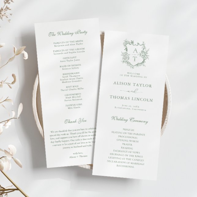 Monogram Crest Sage Green Wedding Program Card (Creator Uploaded)