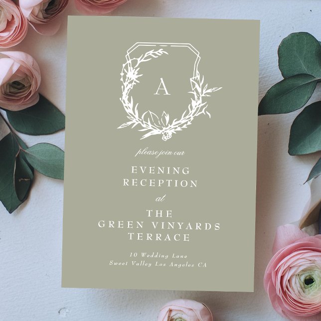 monogram crest sage green Wedding Reception Enclosure Card (Creator Uploaded)