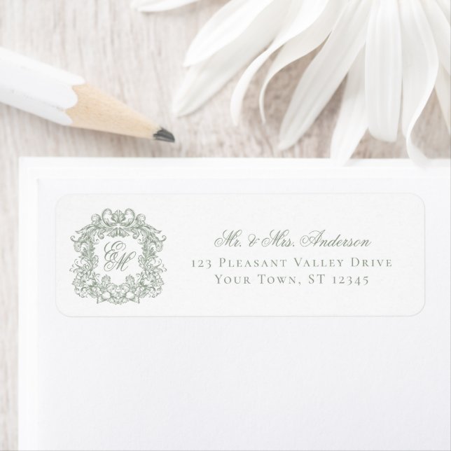 Monogram Crest Sage Green Wedding Return Address Label (Insitu)