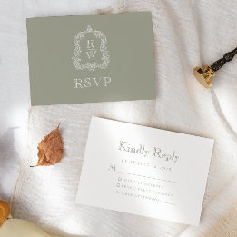 Monogram Crest Sage Green Wedding RSVP Card