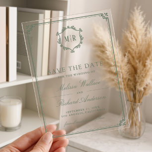 Monogram Crest Sage Green Wedding Save the Date