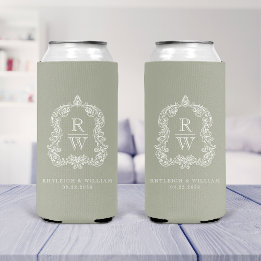 Monogram Crest Sage Green Wedding Seltzer Can Cooler