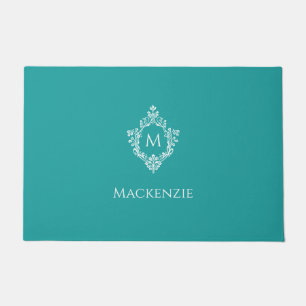 Monogram Crest Teal Elegant Vintage Initial & Name Doormat