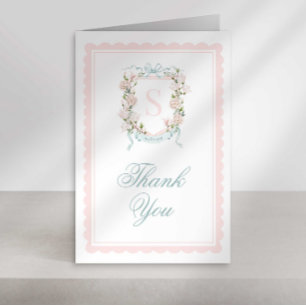 Monogram Crest Thank You Card Pink Bow Scallop