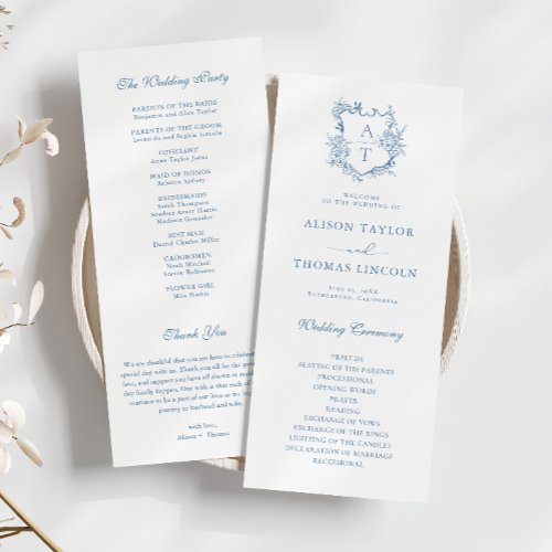Monogram Crest Vibrant Blue Wedding Program Card