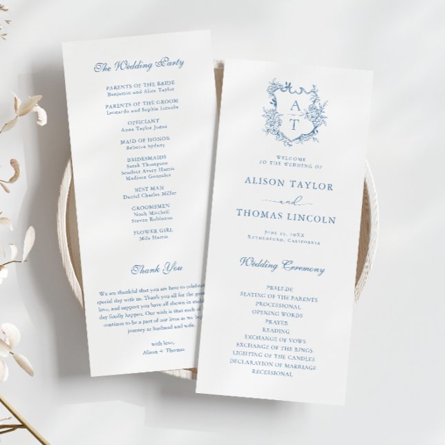 Monogram Crest Vibrant Blue Wedding Program Card (Creator Uploaded)
