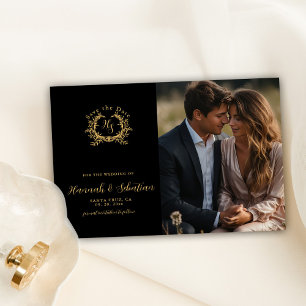 Monogram Crest Wedding Photo Black/Gold Save The Date