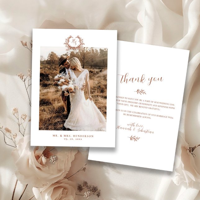 Monogram Crest Wedding Photo Thank You Card (Creator Uploaded)