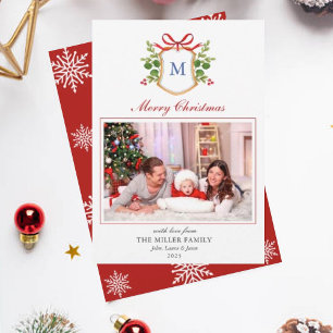 Monogram Crest with greenery Christmas Holiday  Card