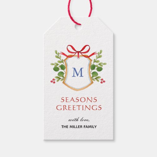 Monogram Crest with greenery Holidays favor Gift Tags