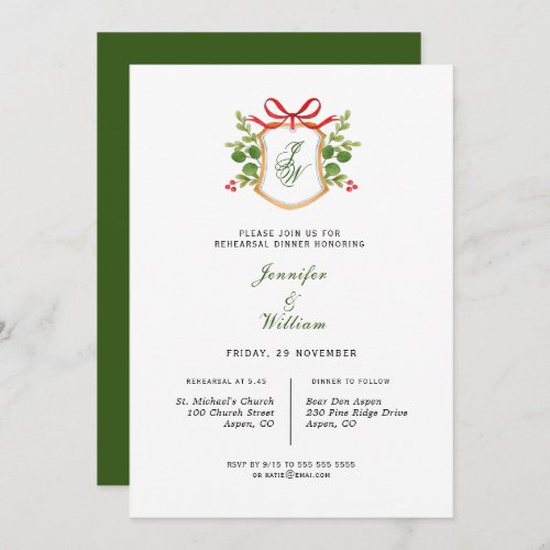 Monogram Crest with greenery Rehearsal Dinner Announcement