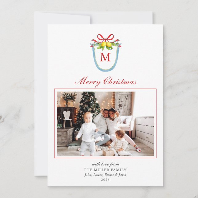 Monogram crest with Lemons Christmas Photo Holiday Card (Front)