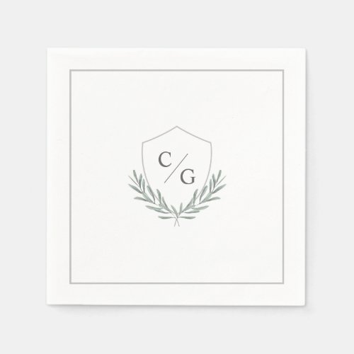 Monogram Crest with Olive Branches Wedding Napkins