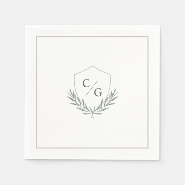 Monogram Crest with Olive Branches Wedding Napkins (Front)