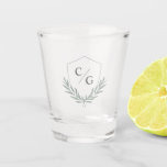 Monogram Crest with Olive Leaf Laurel Wreath Shot Glass<br><div class="desc">A classic shot glass for the bride and groom's, this simple and elegant design features a monogram crest with the bride and groom's initials and embellished with an olive branch laurel wreath in silver sage green watercolor hues. Its classic elegance and subtle silver sage color scheme make it a wonderful...</div>