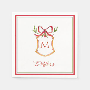 Monogram Crest with red bow Holiday Napkins