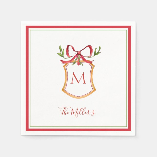 Monogram Crest with red bow Holiday  Napkins (Front)