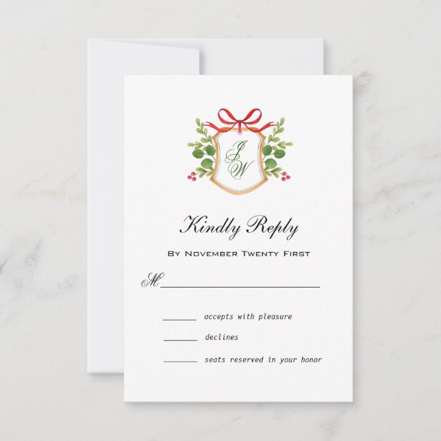 Monogram Crest with winter Greenery RSVP  (Front)