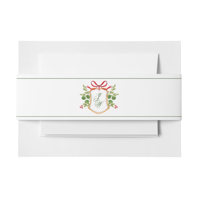 Monogram Crest with winter greenery Wedding  Invitation Belly Band (Front Example)