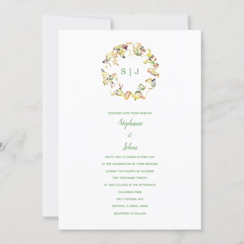Monogram Crest Yellow Green White Boho Wedding Invitation