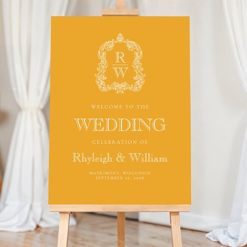 Monogram Crest Yellow Wedding Welcome Sign