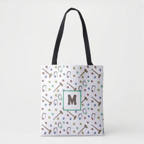 Monogram Croquet Cute Hand_Drawn Lawn Game Pattern Tote Bag