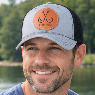 Monogram Crossed Fishing Hooks Minimalist Nautical Leather Patch Hat