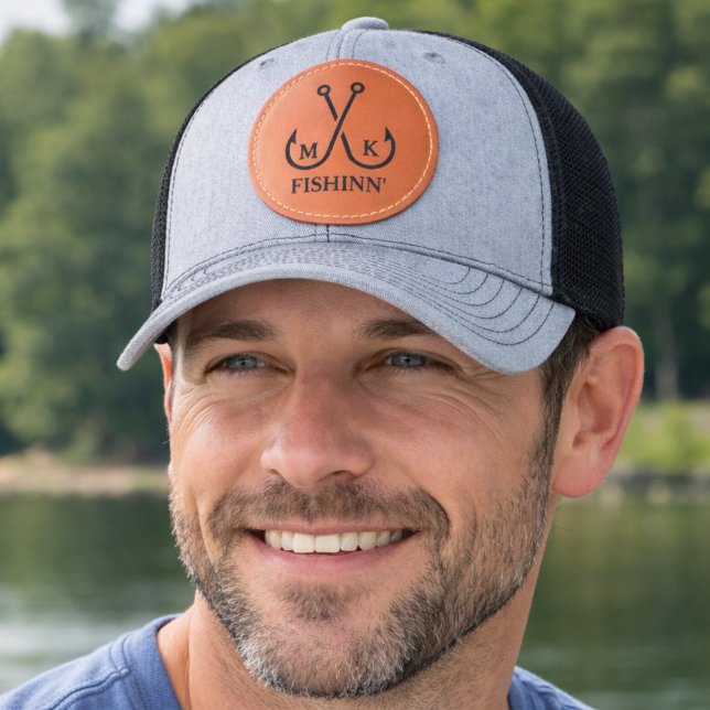 Monogram Crossed Fishing Hooks Minimalist Nautical Leather Patch Hat (Monogram Crossed Fishing Hooks Minimalist Nautical Leather Patch Hat)