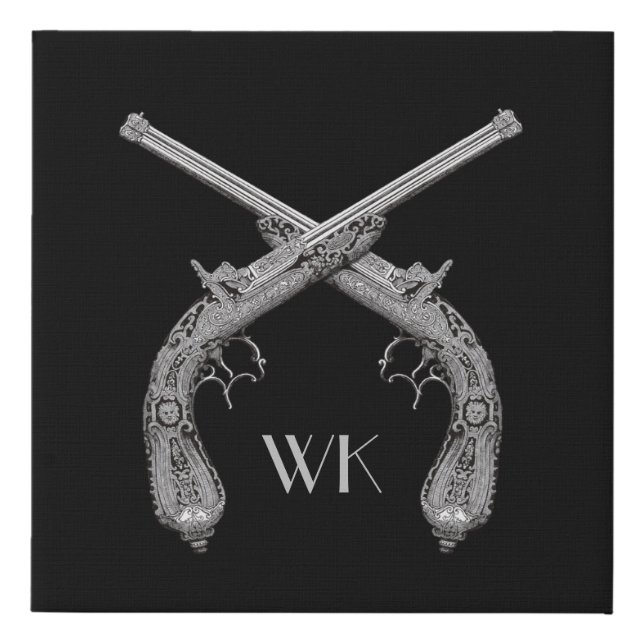 Monogram Crossed Pistols Black Faux Canvas Print (Front)