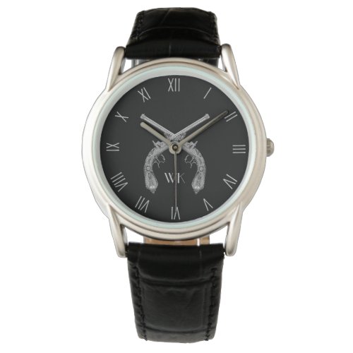 Monogram Crossed Pistols Black Roman Numerals Watch