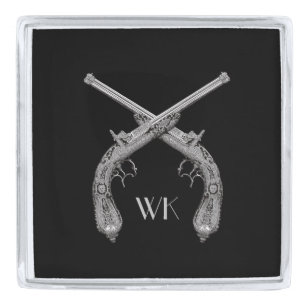 Monogram Crossed Pistols Black Silver Finish Lapel Pin