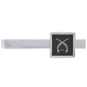Monogram Crossed Pistols Black Silver Finish Tie Bar
