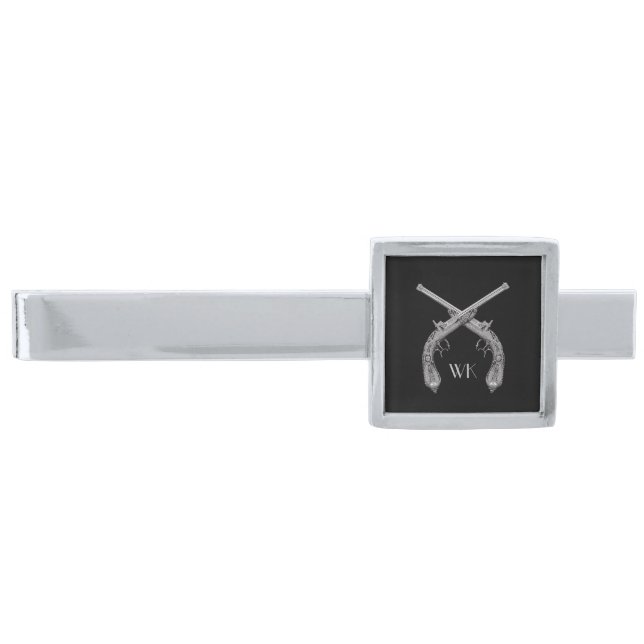 Monogram Crossed Pistols Black Silver Finish Tie Bar (Front)