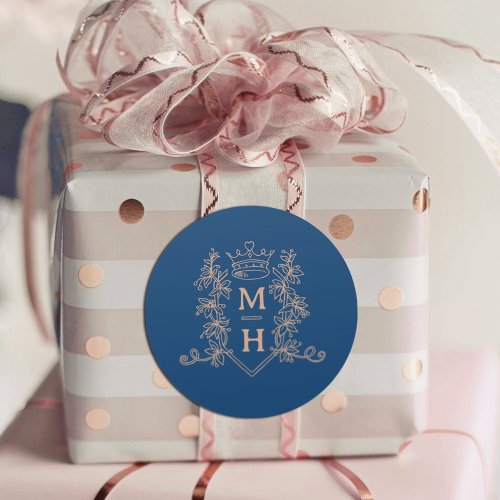 Monogram crown crest blue and rose gold wedding classic round sticker