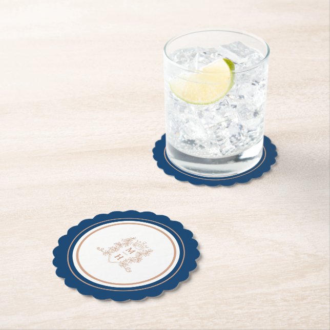 Monogram crown crest rose gold dark blue wedding paper coaster (Insitu)