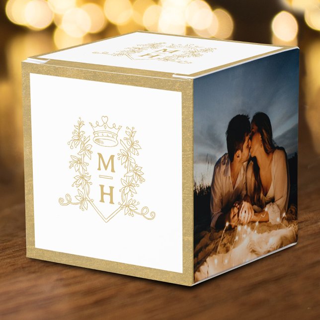 Monogram crown crest white gold photo wedding favor boxes (Creator Uploaded)