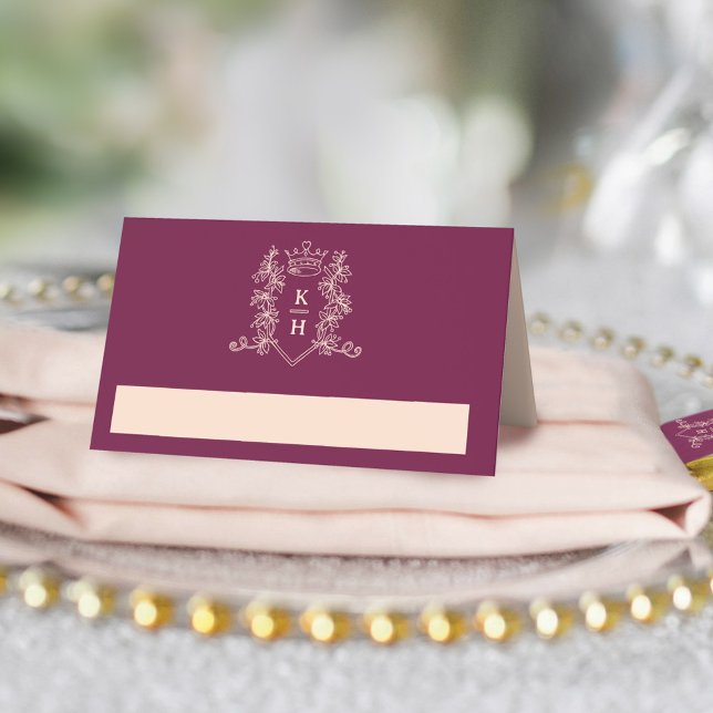 Monogram crown crest wine red peach wedding place card (Creator Uploaded)