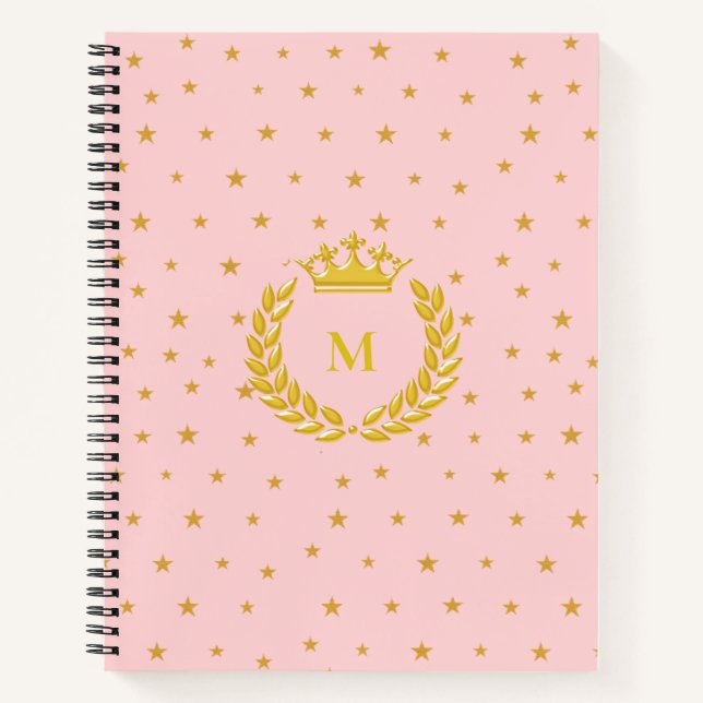 Monogram, Crown, Laurel & Gold stars on Light Pink Notebook (Front)