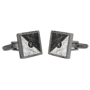 Monogram Cufflinks with Black White Marble Design