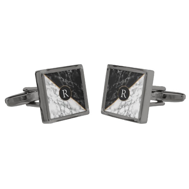 Monogram Cufflinks with Black White Marble Design (Angled)