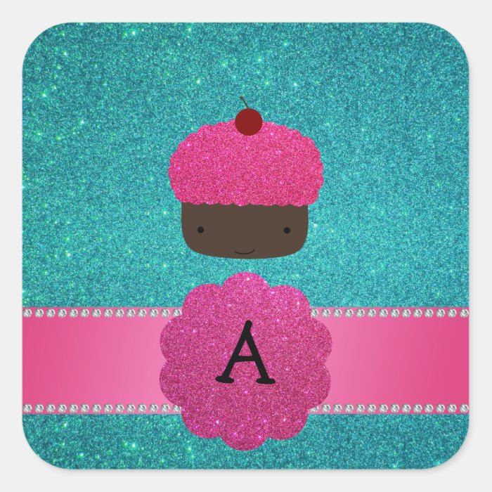 Monogram cupcake turquoise glitter sticker