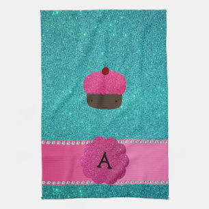 Monogram cupcake turquoise glitter towel