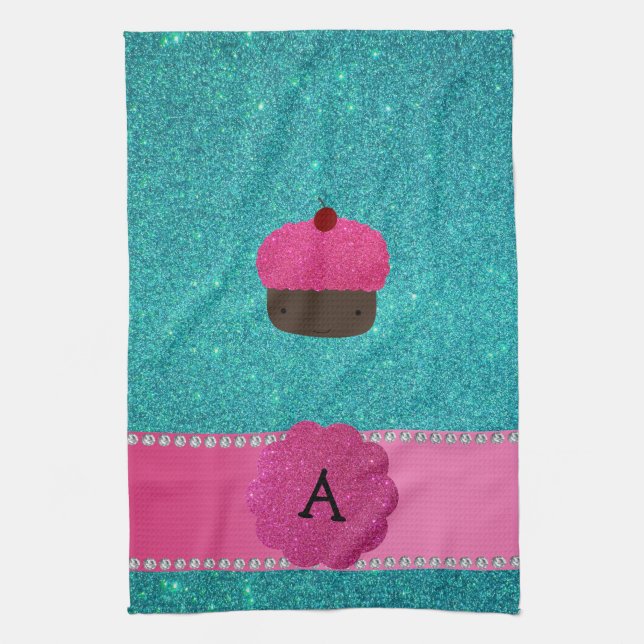 Monogram cupcake turquoise glitter towel (Vertical)